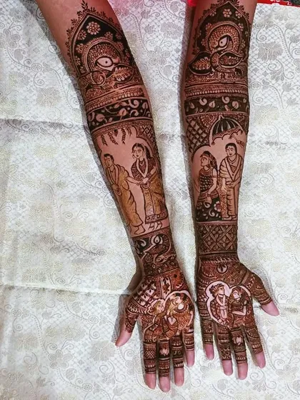 Your story, told through henna. This design incorporates custom portraits of the couple, along with other meaningful symbols, creating a truly unique and personal bridal mehndi.