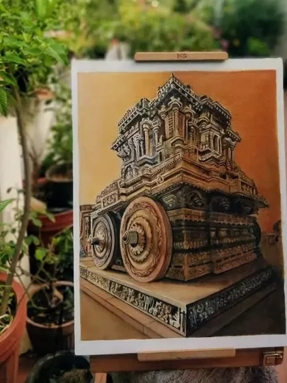 A student's incredible oil painting of the Hampi stone chariot. Our courses cover complex subjects, helping you master perspective, texture, and the rich tones of oil paints to capture historical details.