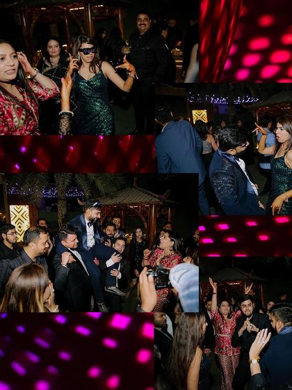 A collage of the wild and fun moments from the cocktail party, from dancing to the groom being lifted up by his friends.