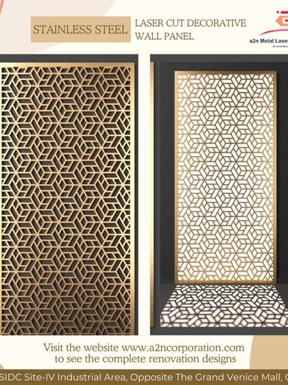A pair of stainless steel decorative wall panels with a geometric cube pattern, shown in both gold and silver finishes. These panels are perfect for creating a modern, sophisticated accent wall.