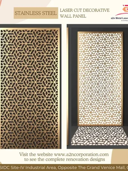 Two examples of stainless steel laser-cut decorative wall panels with a gold finish. The repeating geometric patterns are perfect for creating feature walls or decorative screens in modern and luxurious interior settings.