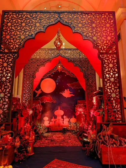 The full entranceway, showing how I used props like treasure chests and character cutouts of Jafar to build the complete story of Aladdin.