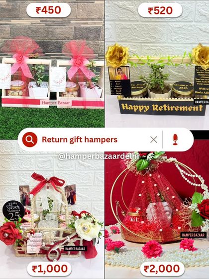 A showcase of our return gift hampers at various price points, from ₹450 to ₹2000. We have something for every budget and occasion, be it a retirement party or a 25th anniversary.