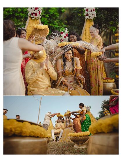 A collage of the fun and messy moments from Medhus and Adi's Haldi. This shows the full, joyful chaos of the event.