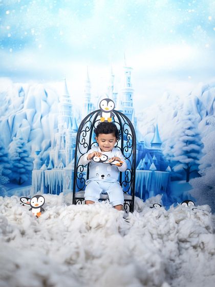 Winter just got a whole lot cuter. This snow-themed shoot features a little one in a cozy outfit, surrounded by fluffy snow, penguins, and an icy castle backdrop.