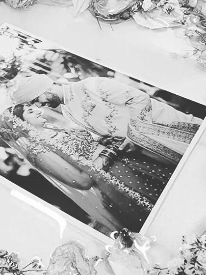 Varmala preserved for a newlywed couple. This is a black and white shot of the piece before the final touches, with the final picture coming soon.