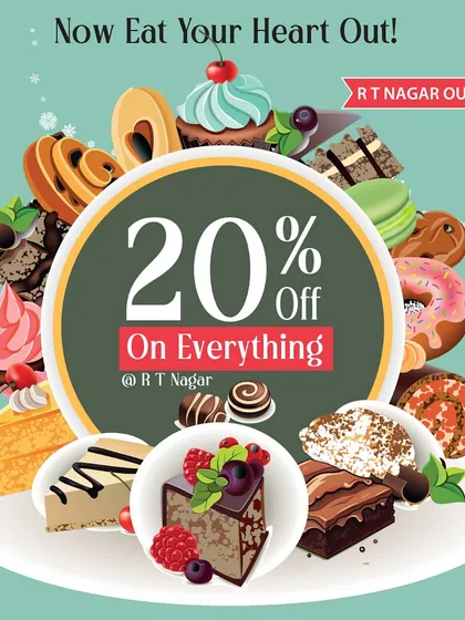We love celebrating with you. To mark our RT Nagar anniversary, we offered 20% off on everything, from our bakery treats to our full cafe menu.