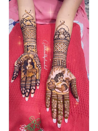 This baby shower mehendi features portraits of Radha and Krishna, symbolizing divine love and blessings for the new baby.