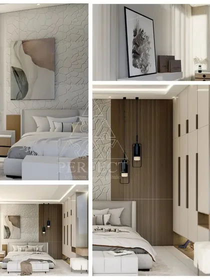 This collage presents a complete vision for a modern master bedroom. Key features include a textured 3D panel behind the bed, a wood-paneled wall with integrated pendant lights, and custom-designed wardrobes. Every angle is considered to create a cohesive and restful environment.