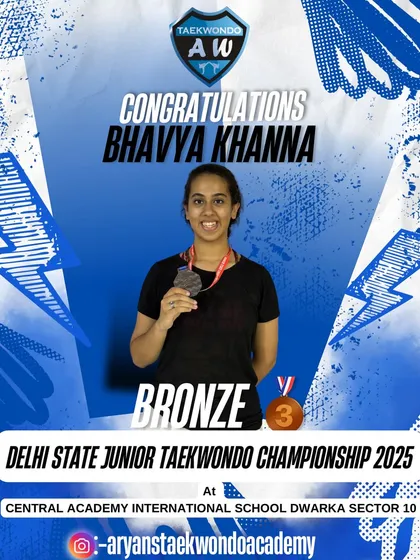 Bhavya Khanna with her Bronze Medal from the Delhi State Junior Taekwondo Championship.