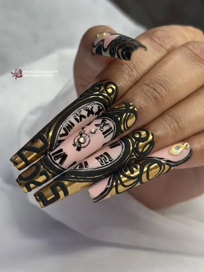 A still image capturing the incredible detail of the hand-painted clock nails, a true testament to patience and a steady hand.