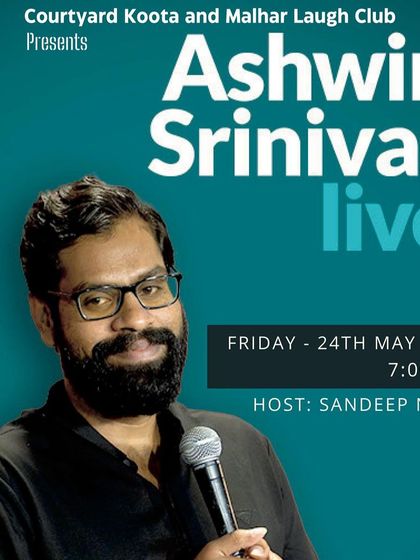 A monthly event poster for May featuring Ashwin Srinivas, ensuring our comedy-loving audience never misses a show.