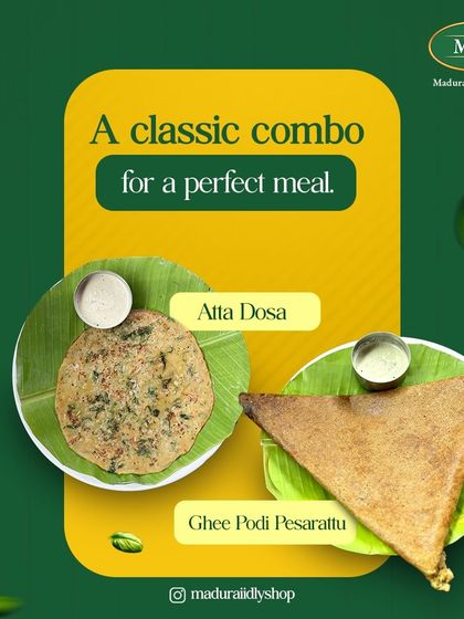 A classic combo for a perfect meal, featuring our healthy Atta Dosa and the flavorful Ghee Podi Pesarattu.