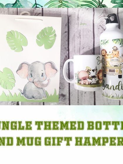 This jungle-themed gift hamper includes both a personalized water bottle and a personalized mug, along with a custom paper bag.