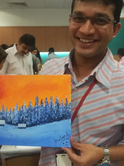 The smile of accomplishment is the best part of my work. This participant from a Wipro workshop was so thrilled with the winter landscape he painted. It is a reminder that everyone has a creative spark waiting to be discovered.