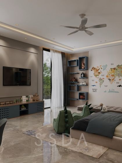 This view of the kids' room highlights the pegboard wall with its adjustable shelving and the TV unit. The design is flexible and intended to grow with the child.