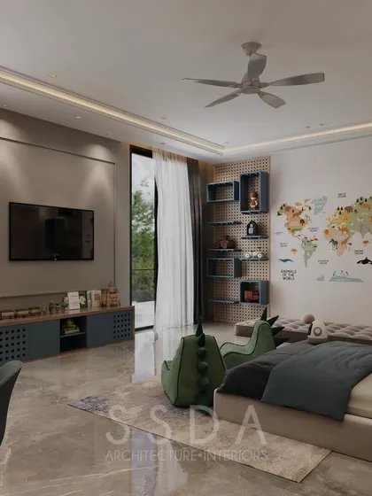 This view of the kids' room highlights the pegboard wall with its adjustable shelving and the TV unit. The design is flexible and intended to grow with the child.