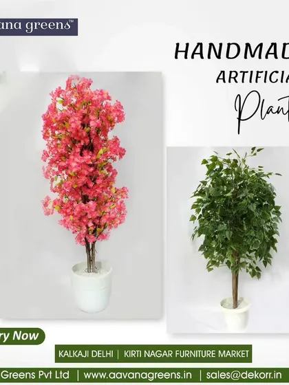 A look at two of our handmade artificial trees. Whether you want a vibrant pink flowering tree or a classic green ficus, we can create a piece that suits your style.