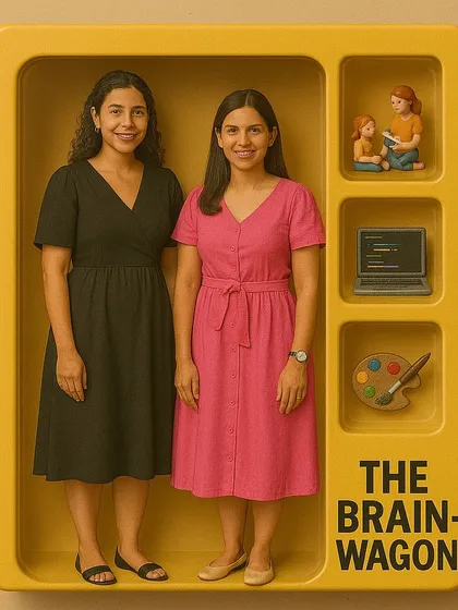 This is us, Nehal and Rashmi, the co-founders of The Brain Wagon. We are passionate about creating joyful learning experiences and are pictured here in our "toy box," surrounded by the elements of our program: storytelling, coding, and art.