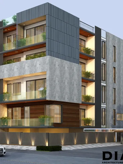 A residential building design that explores a raw, textural palette with exposed concrete, dark metal panels, and wood accents. The composition creates a strong visual hierarchy, with cantilevered balconies and recessed windows adding depth and dynamism to the facade.