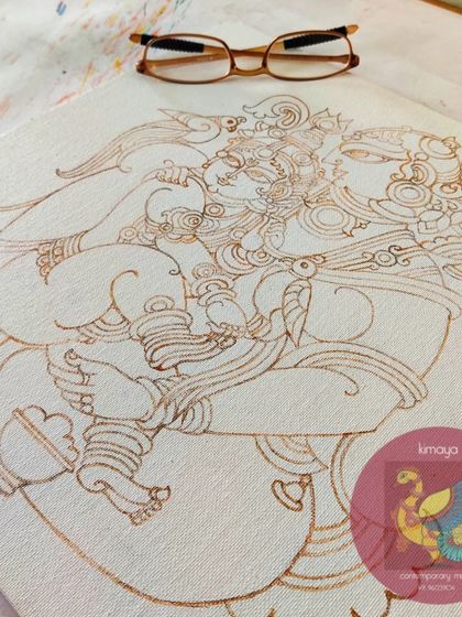 The brown outline of the Yashodakrishna painting, showing the intricate details of the jewelry and expressions.