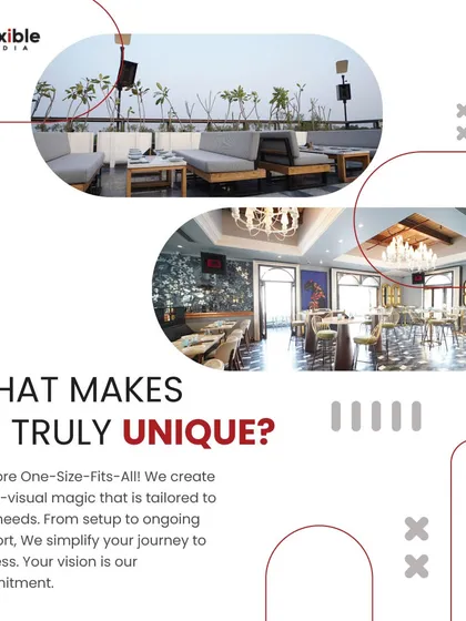 My work adapts to any environment, from an open air rooftop lounge to an elegant indoor dining room. I create tailored audio-visual solutions that are never one size fits all, ensuring the technology complements your unique space.