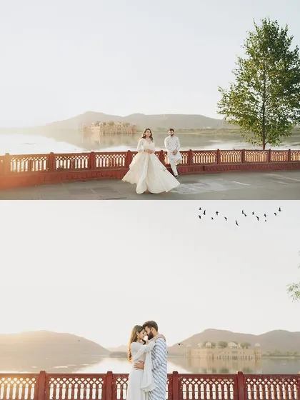 A diptych showing both a wide, scenic shot and an intimate embrace, capturing the full romantic atmosphere of a Jal Mahal pre-wedding shoot.