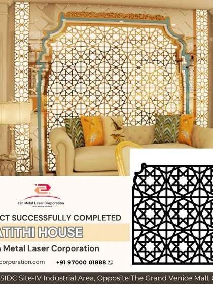 A successfully completed project at Atithi House featuring a large, ornate jali screen with an Islamic geometric pattern. The screen acts as a stunning backdrop for the living area, blending traditional design with a luxurious, modern setting.