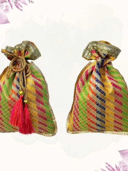 These multi-colored striped potlis are so fun and vibrant. They are a great way to add a playful touch to your festive attire or to use as colorful packaging for return gifts.