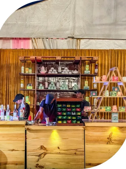 Our rustic-chic tea and mocktail counter. We offer a wide selection of artisanal teas and refreshing non-alcoholic beverages to suit every taste.