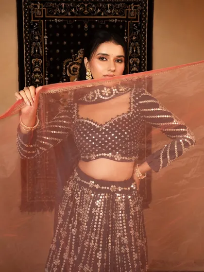 A playful and elegant shot for an ethnic wear catalog. The model using her dupatta to veil her face adds a touch of traditional coyness to a modern e-commerce photo.