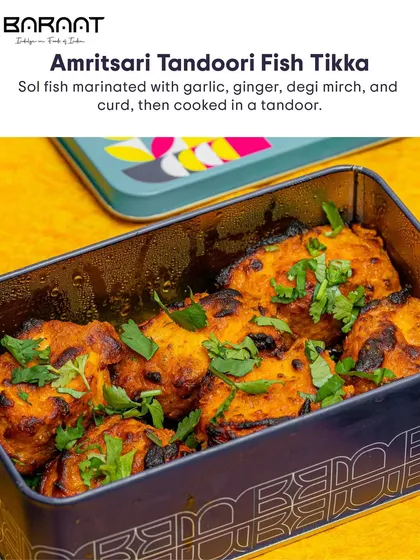 My Amritsari Tandoori Fish Tikka uses Sol fish marinated with garlic, ginger, degi mirch, and curd, then cooked in a tandoor.