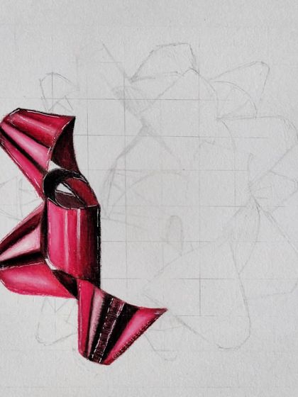 The first WIP of the red Christmas bow, showing just one section colored to capture the shiny, reflective texture.