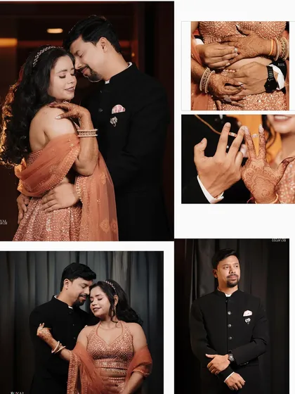 A collage of an engagement shoot, featuring elegant couple portraits and close-ups of their intertwined hands showing the rings.