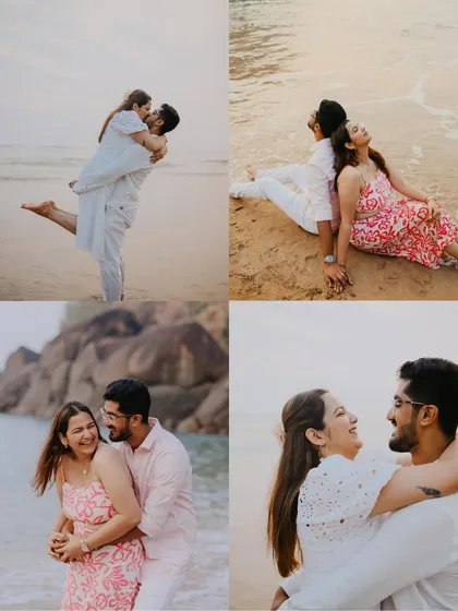 This collage showcases the variety of a beach pre-wedding shoot in Goa. It features playful lifts, romantic embraces, and candid laughter, all set against the beautiful sandy shore.