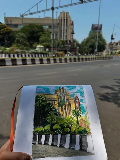 An on-location watercolour sketch of the iconic Metro Cinema in Mumbai. Capturing the art deco architecture and the surrounding greenery was a wonderful way to spend the day with fellow urban sketchers.