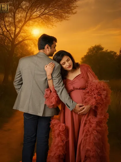 A romantic sunset portrait of the couple. The warm, golden light and the gentle embrace create a dreamy and emotional photograph.