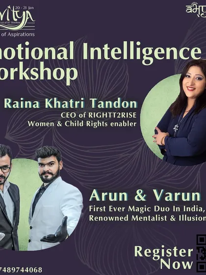This poster promoted our Emotional Intelligence workshop at IIT Bombay, where we shared the stage with CEO Raina Khatri Tandon. Our session used magic and mentalism to provide a unique, practical perspective on EQ and leadership.