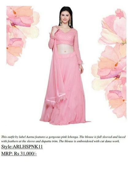 This catalogue view showcases a gorgeous pink lehenga from our AARNA label. The full-sleeved blouse is embroidered with intricate cut dana work, and the dupatta features a delicate feather trim.