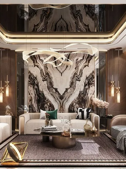 This living room is personalized for you, with a dramatic book-matched marble wall and a flowing chandelier. Neutral sofas are accented with pops of green and houndstooth, creating a space that is both sleek and inviting.