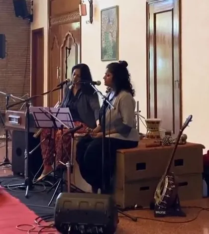 On stage with Bindhumalini at Panchgani. Our 'Threshold' performance is a journey through poetry and music that we love to share in these close-knit gatherings.