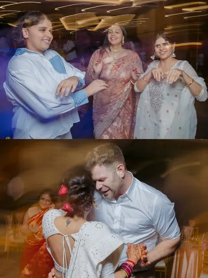The dance floor is where the real fun happens. These motion blur shots capture the energy of guests and the couple dancing the night away.