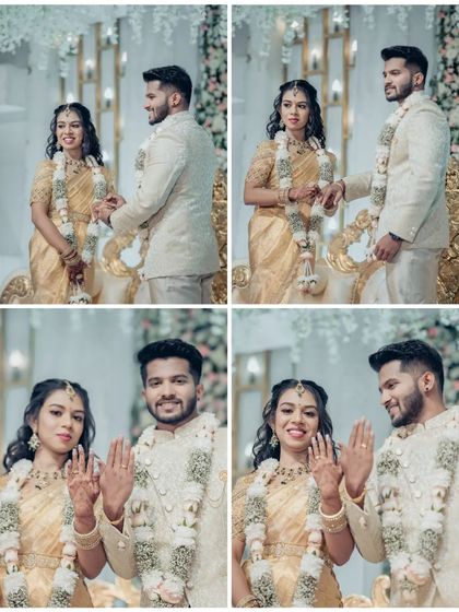 A collage showing the couple after the ring exchange, proudly showing their rings to the camera. A moment of pure happiness and celebration.