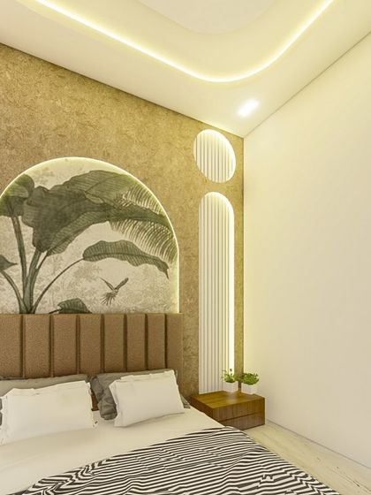 Another angle of the nature-mural bedroom, highlighting the curved false ceiling with cove lighting that adds a soft, ambient glow to the room.