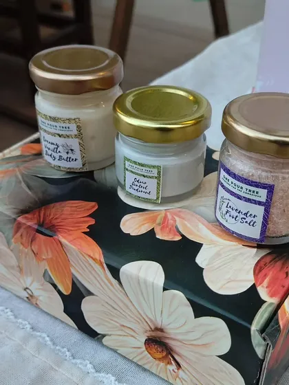 My gift hampers can be more than just soaps. Here's a self-care trio featuring my Creamy Vanilla Body Butter, natural Odour Control Deodorant, and relaxing Lavender Foot Salt, all packed into a beautiful gift box.