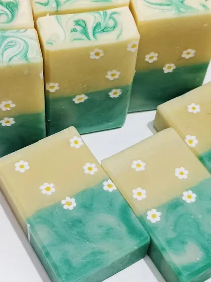 My Aloe Vera soaps with tiny daisy embeds, ready for an upcoming market. These are scented with Daisy Dreamgirl fragrance and contain fresh aloe from my garden.