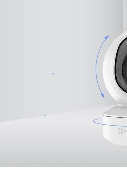 This graphic illustrates the 360-degree visual coverage of the EZVIZ TY1, with 340-degree horizontal rotation and 55-degree vertical rotation.