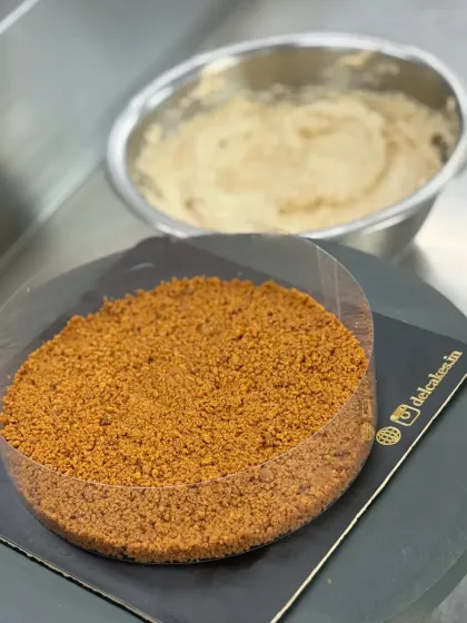 The first step in making my Strawberry Biscoff Cheesecake. We start with a crunchy, buttery Biscoff crumb base, ready for the creamy cheesecake filling.