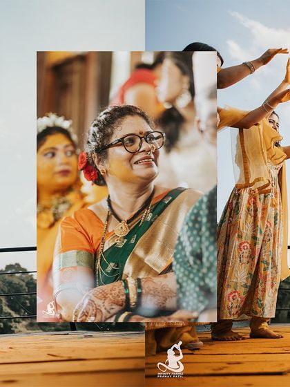 A collage that captures the happy expressions of family members and the bride's friends during the Haldi.
