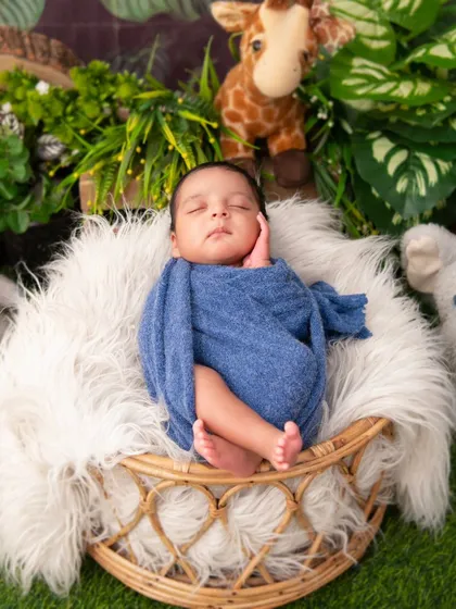 A newborn rests peacefully in a wicker basket, swaddled in blue against a backdrop of lush greenery and animal toys. This portrait combines natural textures with a pop of color for a timeless feel.